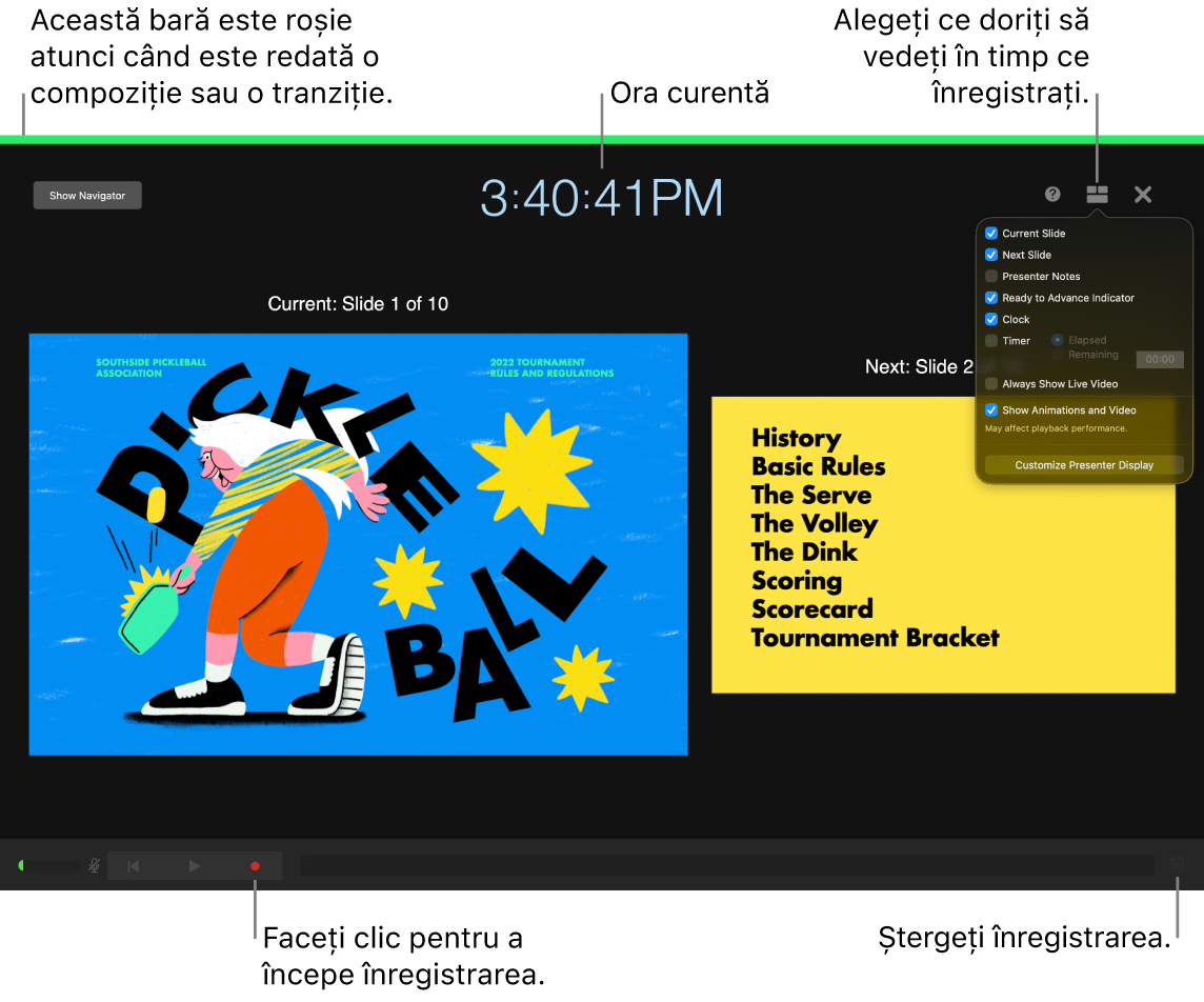 Captură de ecran cu modul de înregistrare vocală pe afișajul prezentatorului. Sunt vizibile comenzile afișajului prezentatorului, diapozitivul curent și cel următor și ora curentă. Comanda pentru începerea și terminarea înregistrării și comanda de ștergere a înregistrării apar lângă partea de jos a afișajului.