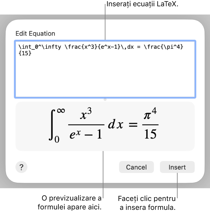 Formula cuadratică scrisă utilizând LaTeX în câmpul Ecuație și o previzualizare a formulei dedesubt.