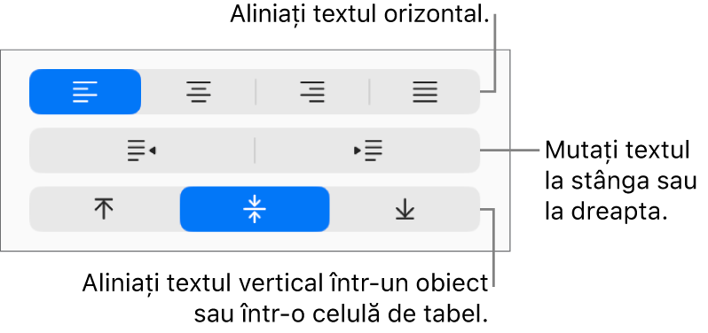 Secțiunea Aliniere a barei laterale afișând butoane pentru alinierea textului pe orizontală, deplasarea textului la stânga sau la dreapta și alinierea textului pe verticală.