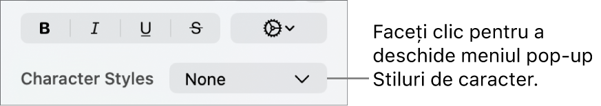 Meniul pop-up Stiluri de caracter sub comenzile pentru schimbarea stilului și a culorii textului.