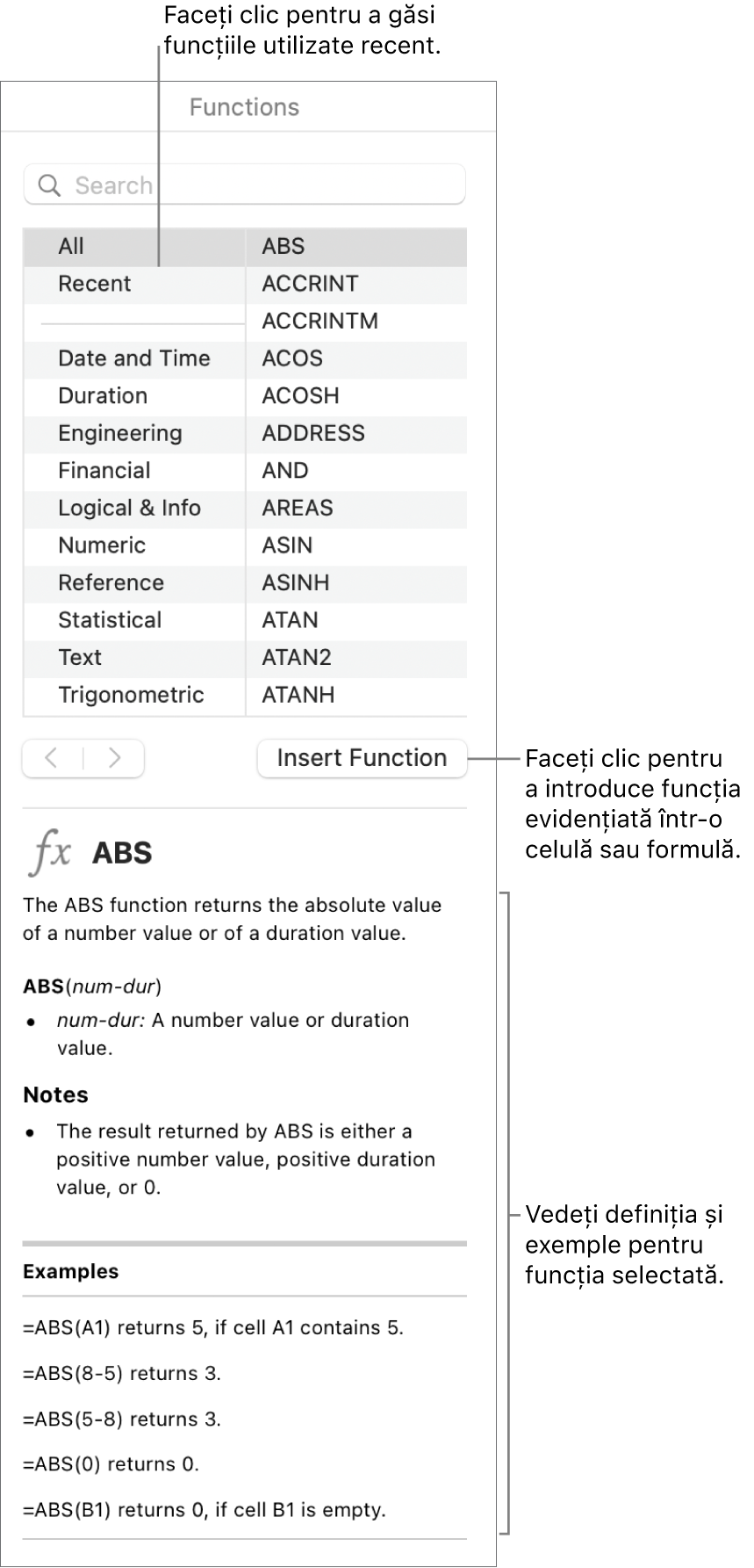 Browserul de funcții cu explicații despre funcțiile utilizate recent, butonul Inserează o funcție și definiția funcției.