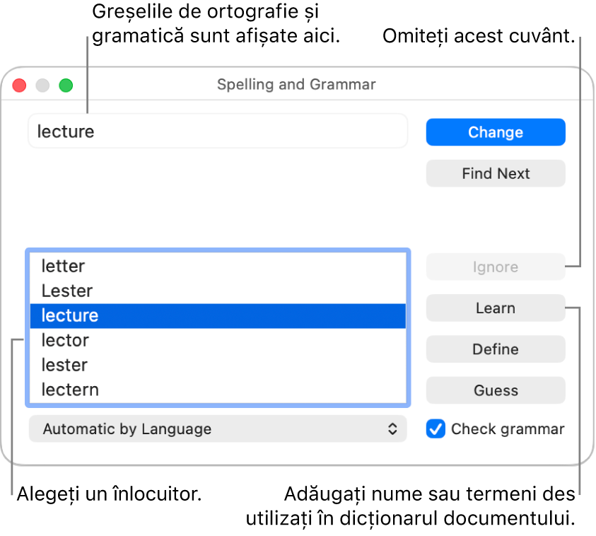 Fereastra Ortografie și gramatică.