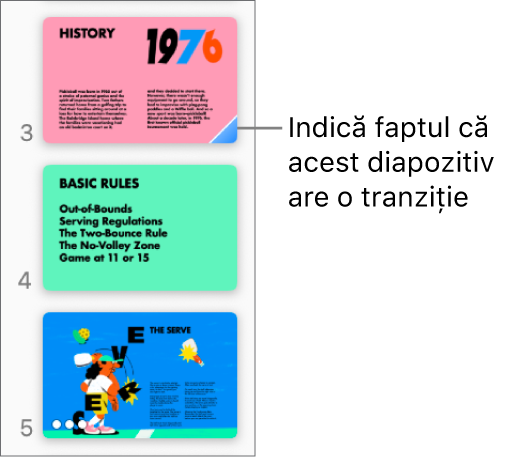 Un triunghi albastru aflat pe un diapozitiv indică faptul că acesta deține o tranziție.