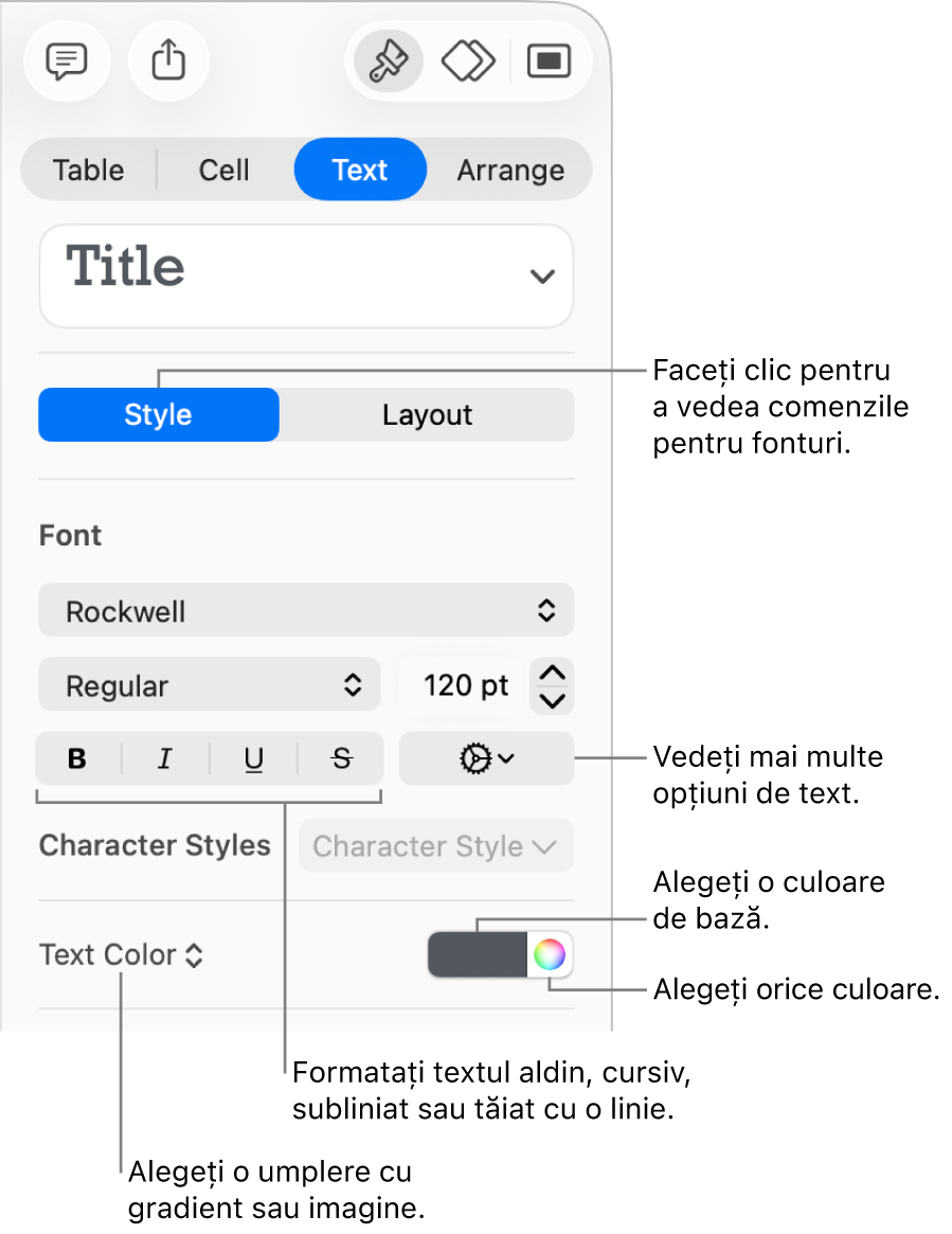 Comenzile pentru stilul textului din tabel.