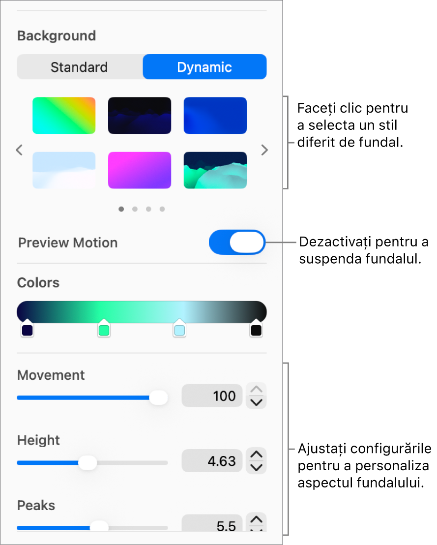 Butonul Dinamic selectat în secțiunea Fundal din bara laterală Format, cu stilurile pentru fundalul dinamic, comenzile Previzualizare mișcare și comenzile pentru aspect afișate.