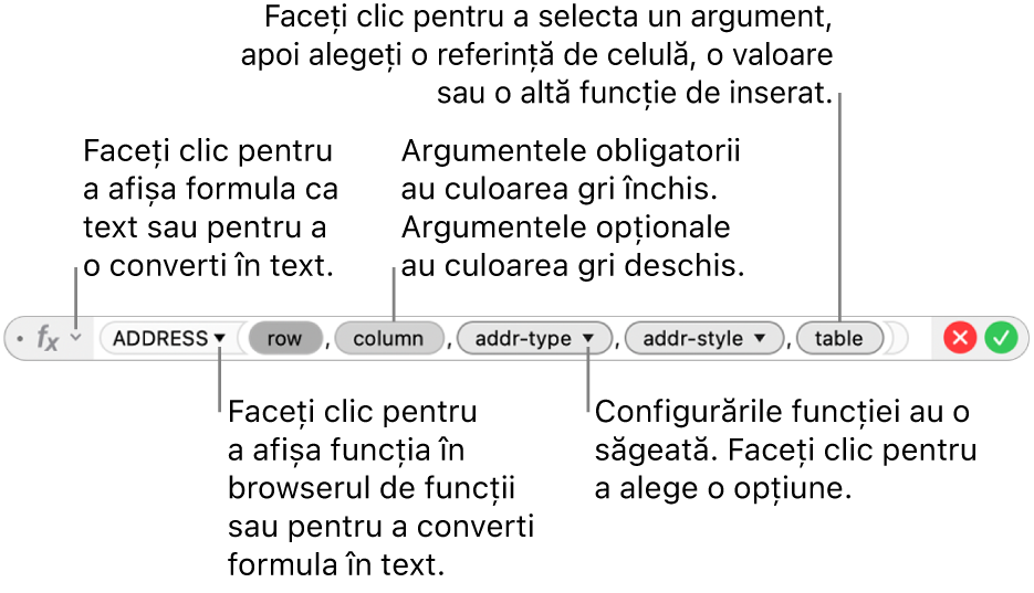 Editorul de formule afișând funcția ADDRESS și tokenurile de argumente.