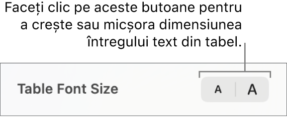 Comenzile din bara laterală pentru modificarea dimensiunii fontului în tabel.