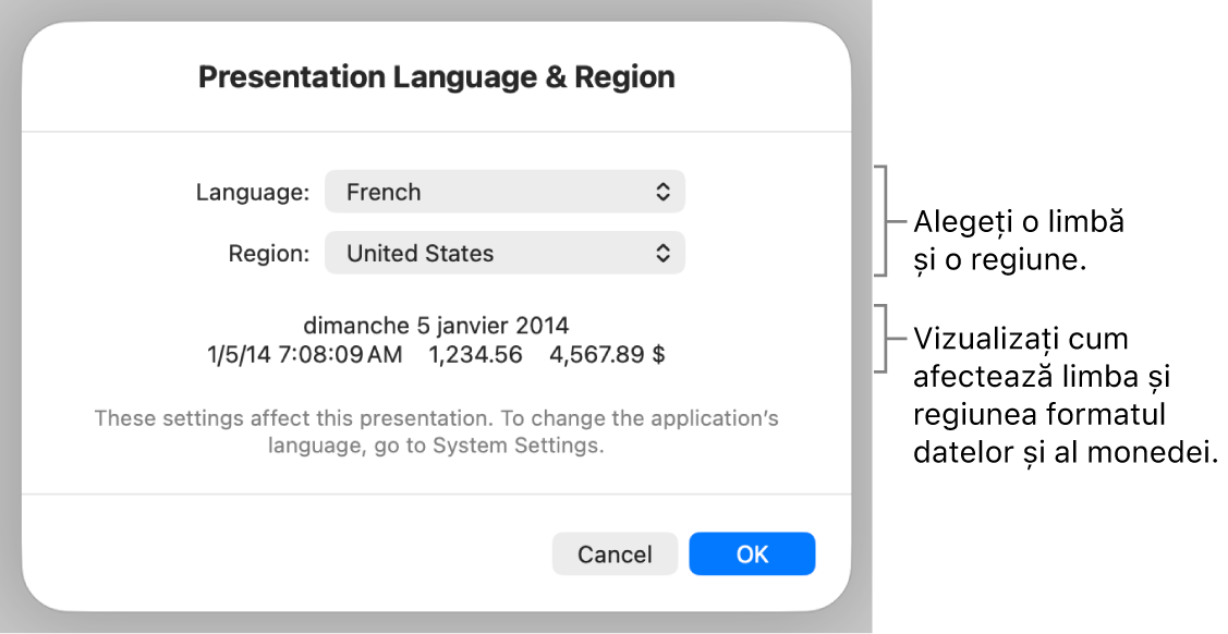 Panoul Limbă și regiune, cu comenzile pentru limbă și regiune și un exemplu de format, inclusiv data, ora, zecimale și valuta.