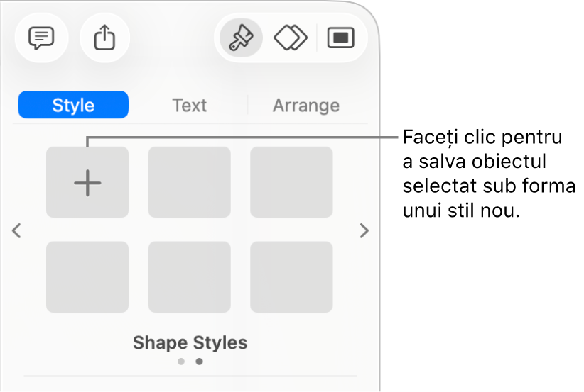 Fila Stil a barei laterale Format cu un stil de casetă de text, butonul Creează un stil la dreapta acesteia și patru substituenți de stil necompletați.