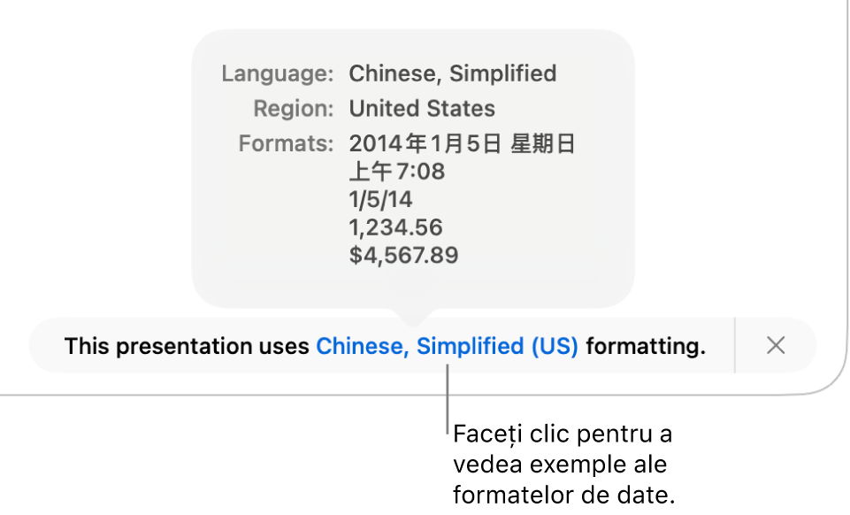 Notificarea privind configurarea limbii și regiunii diferite, afișând exemple de formatare în limba și regiunea respectivă.