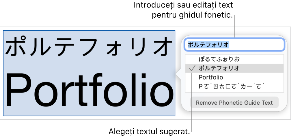 Se va deschide ghidul fonetic pentru un cuvânt, cu explicații pentru câmpul text și textul sugerat.