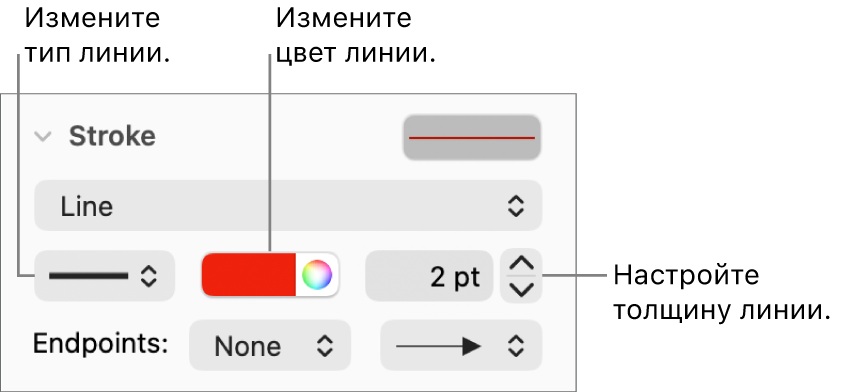 Элементы управления обводкой для задания конечных точек, толщины и цвета линий.
