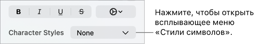 Всплывающее меню «Стили символов» отображается под панелью с элементами управления для изменения стиля и цвета текста.