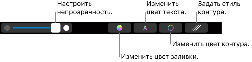 Панель Touch Bar на MacBook Pro. Показаны элементы управления для регулировки прозрачности фигуры, изменения цвета текста, изменения цвета контура и применения стиля контура.