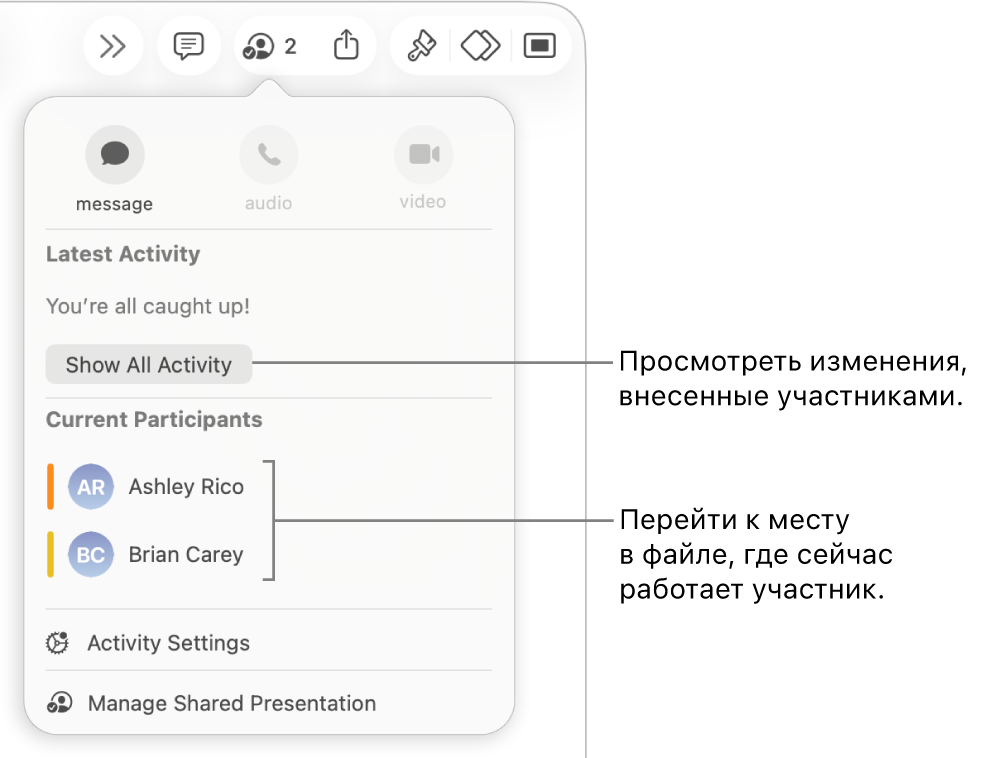 В меню совместной работы показаны двое активных участников.