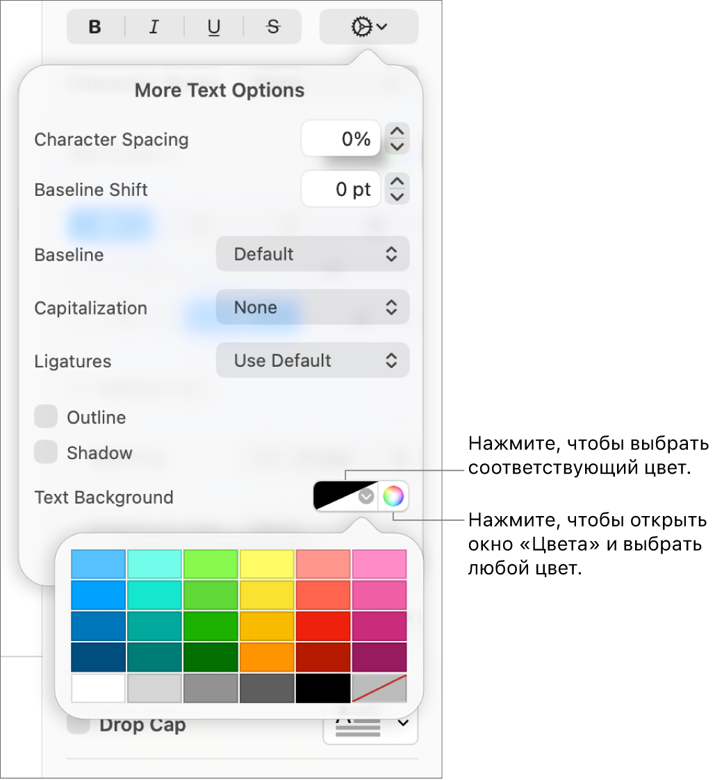 Элементы управления, позволяющий выбрать цвет фона текста.