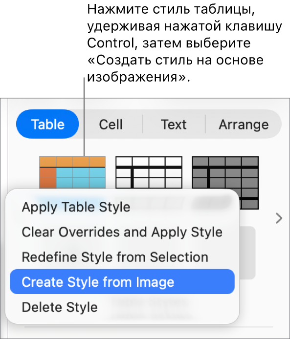 Контекстное меню стиля таблицы.