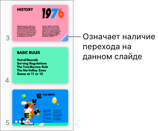 Синий треугольник на слайде указывает, что слайд содержит переход.
