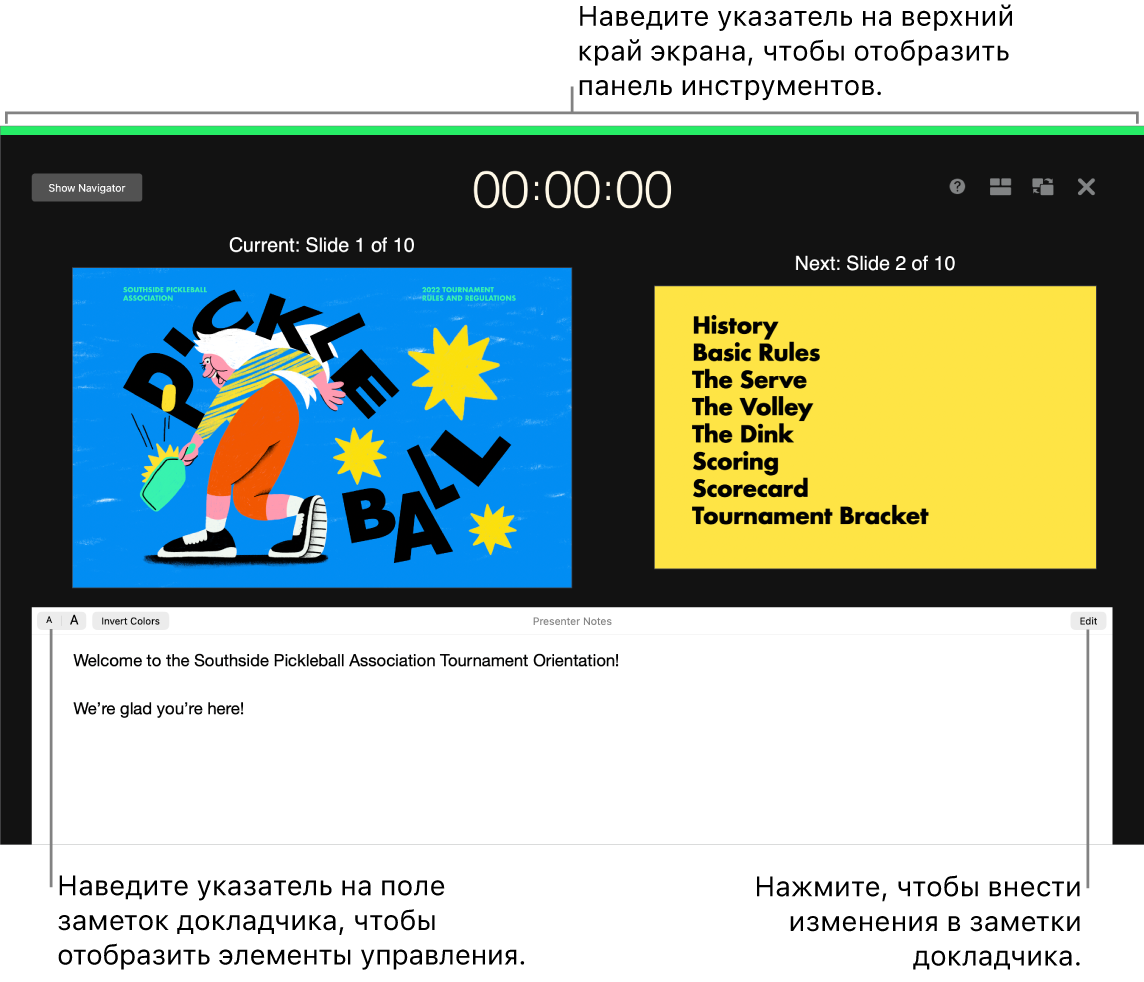 Экран докладчика Keynote с кнопками для открытия и закрытия навигатора слайдов, а также отображения параметров вверху экрана. В середине экрана показаны текущий и следующий слайд. Поле заметок докладчика расположено внизу.