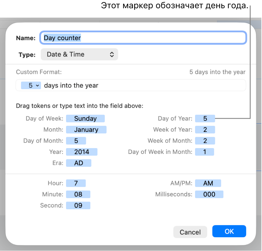 Окно произвольного формата ячейки с элементами управления, позволяющими создать собственный формат даты и времени.