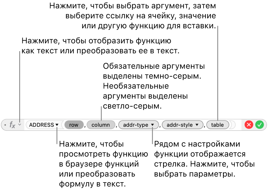 Редактор формул с функцией АДРЕС и маркерами ее аргументов.