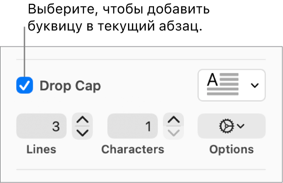 Установлен флажок «Буквица», справа от него отображается всплывающее меню; под ним расположены элементы управления для настройки высоты в строках, количества символов и других параметров.