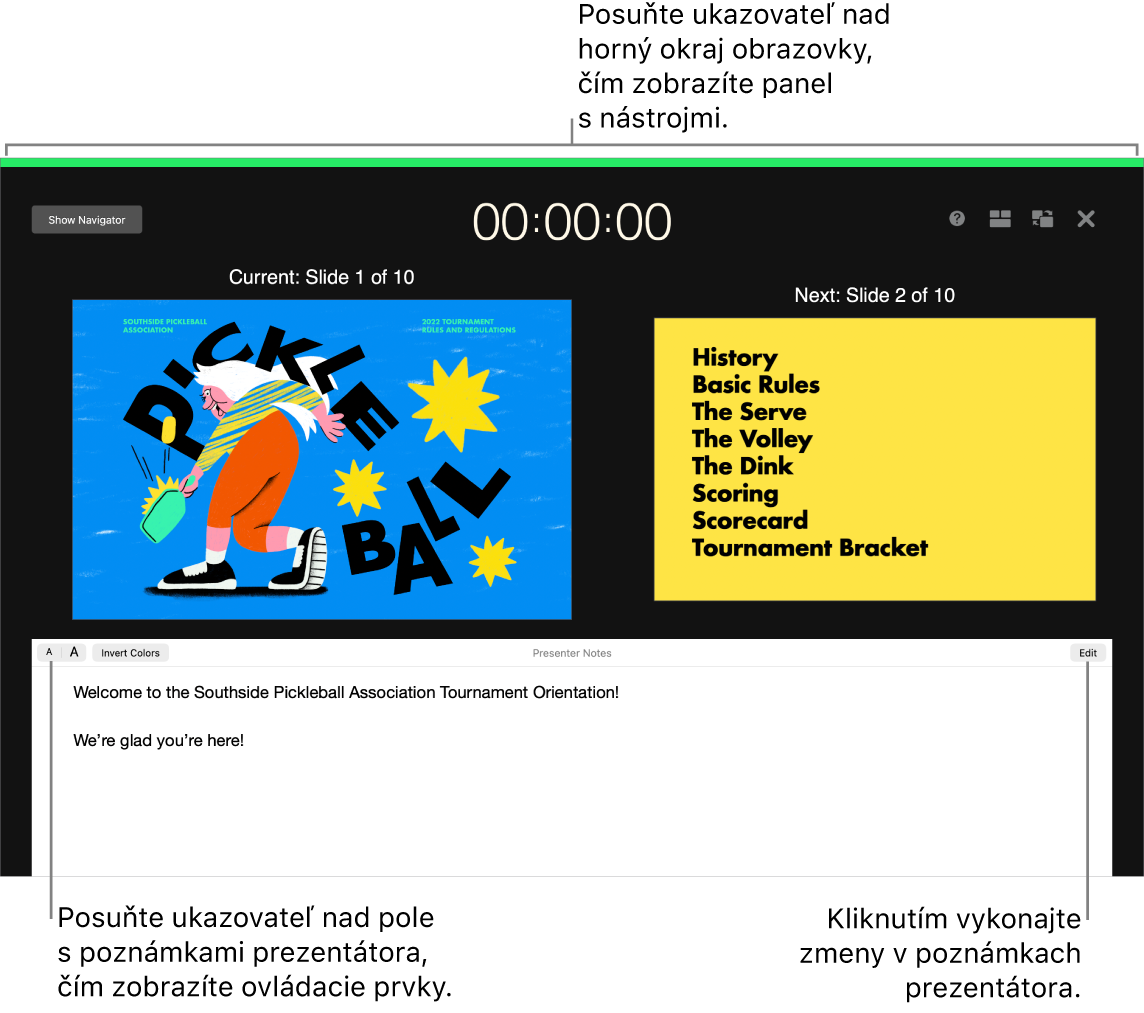 Displej prezentátora v Keynote s tlačidlami na otvorenie a zatvorenie navigátora snímok a možnosťami displeja v hornej časti obrazovky. Aktuálna snímka a nasledujúca snímka sa zobrazujú v strede obrazovky s poľom Poznámky prezentátora v spodnej časti.