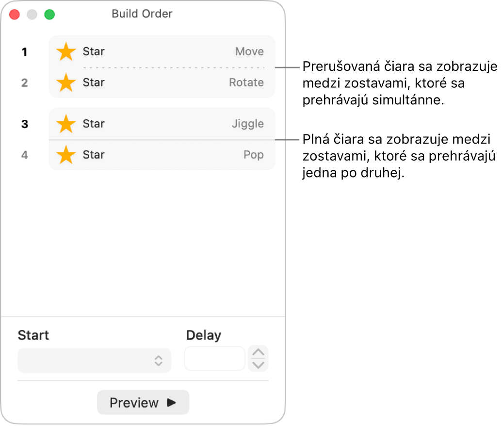 Menu Poradie s prerušovanou čiarou medzi zostavami, ktoré sa prehrávajú simultánne, a neprerušovanou čiarou medzi zostavami, ktoré sa prehrávajú jedna po druhej.
