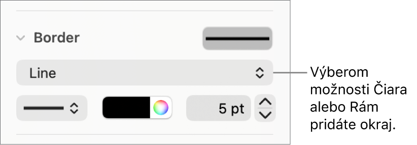 Ovládacie prvky Štýl okrajov v postrannom paneli Formát s vybraným typom okraja Čiara.