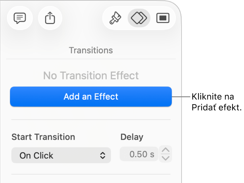 Tlačidlo Pridať efekt v časti Animácia na postrannom paneli.