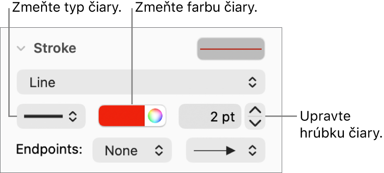 Ovládacie prvky ťahu pre nastavenie koncových bodov, hrúbky čiary a farby.
