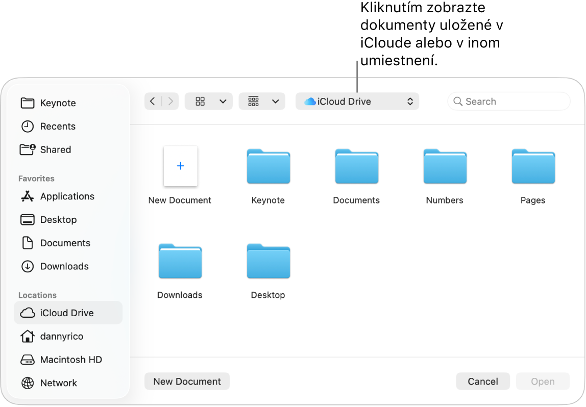 Dialógové okno Otvoriť s postranným panelom naľavo a iCloud Drive vybraný vo vyskakovacom menu navrchu. Priečinky pre Keynote, Numbers a Pages sa objavia v dialógovom okne spolu s tlačidlom Nový dokument.