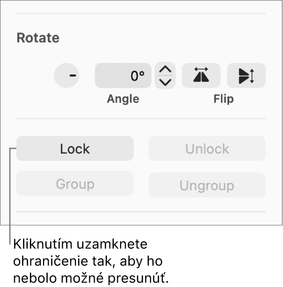 Ovládacie prvky Otočiť, Zamknúť a Zoskupiť so zvýrazneným tlačidlom Zamknúť.
