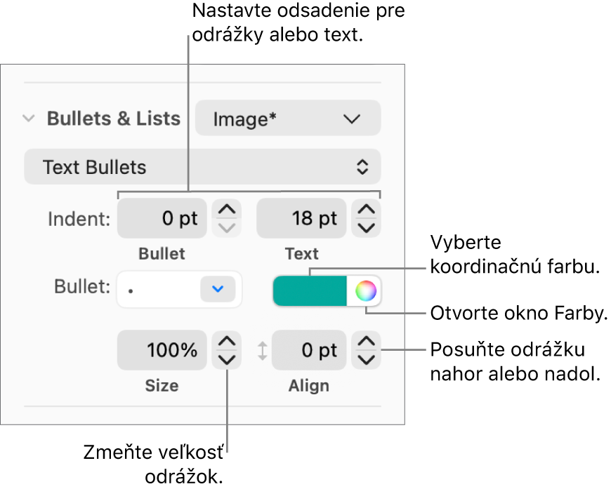 Časť Odrážky a zoznamy s bublinami popisujúcimi ovládacie prvky pre odsadenie odrážky a textu, farbu odrážky, veľkosť odrážky a zarovnanie.