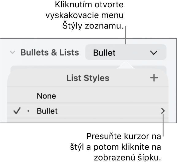 Vyskakovacie menu Štýly zoznamu s jedným označeným štýlom a šípkou úplne napravo od neho.