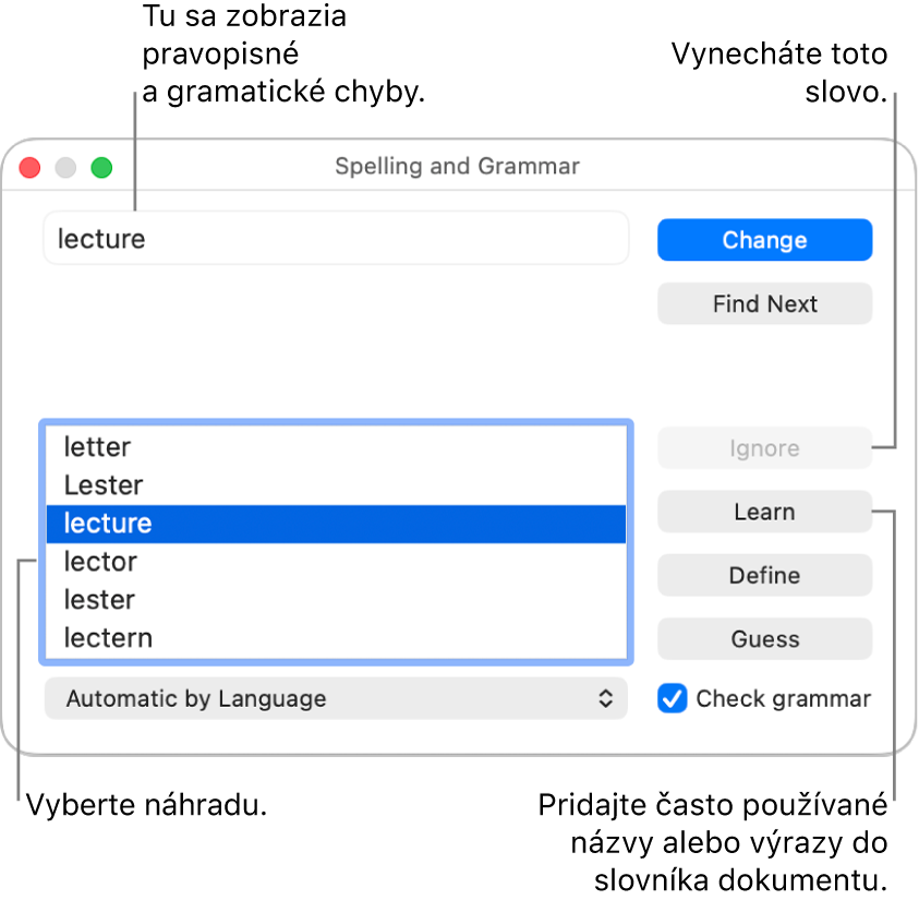 Okno Pravopis a gramatika.