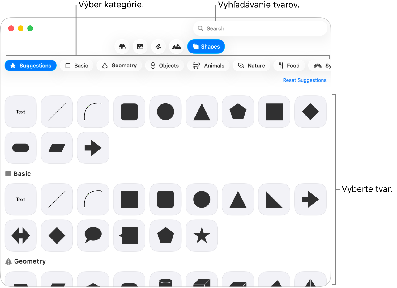 Knižnica tvarov s kategóriami zobrazenými v ľavej časti a tvarmi zobrazenými v pravej časti. Ak chcete nájsť tvary, môžete použiť vyhľadávacie pole v hornej časti a rolovaním zobrazíte ďalšie.
