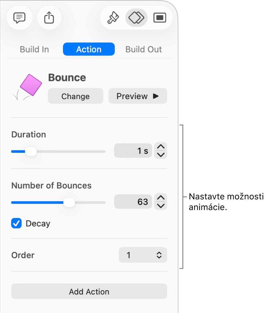 Ovládacie prvky akcie v časti Animácia na postrannom paneli.