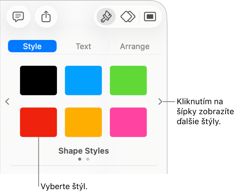 Záložka Štýl postranného panela Formát so šiestimi štýlmi objektov a šípkami navigácie naľavo a napravo od nich.