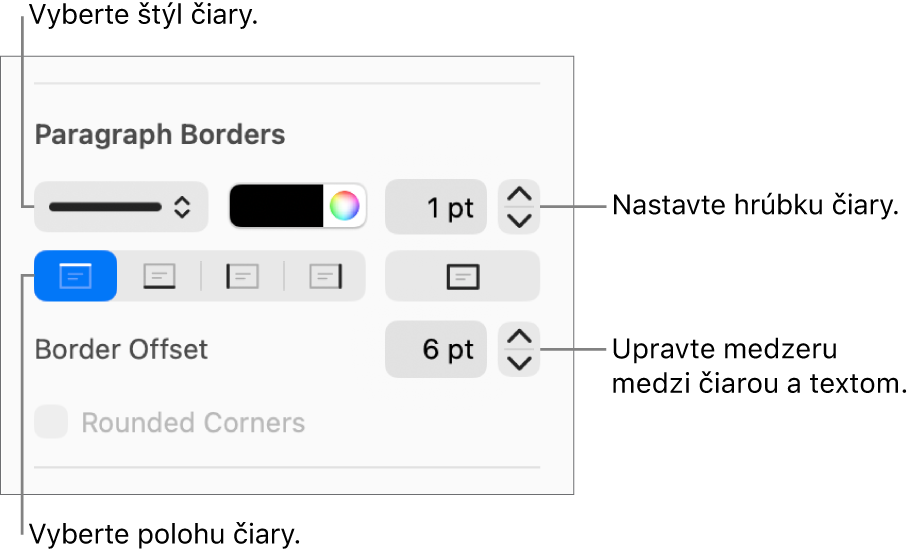 Ovládacie prvky na zmenu štýlu, hrúbky, polohy a farby čiary.