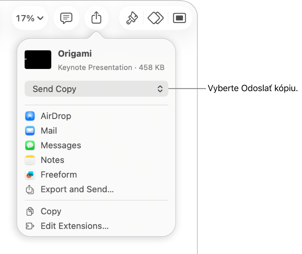 Menu Zdieľať s vybranou možnosťou Odoslať kópiu vo vrchnej časti.