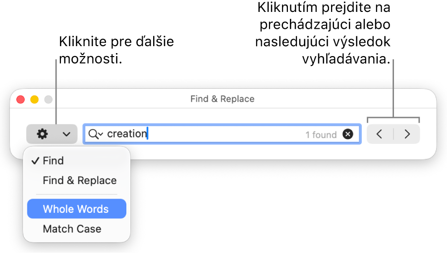 Okno Nájsť a nahradiť s vyskakovacím menu zobrazujúcim možností Hľadať, Hľadať a nahradiť, Celé slová a Rozlišovať veľkosť. Šípky napravo umožňujú preskočiť na predchádzajúce alebo ďalšie výsledky vyhľadávania.