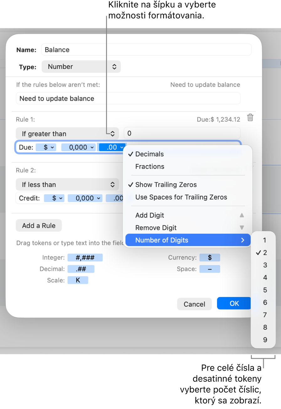 Okno vlastného formátu bunky s ovládacími prvkami na vytvorenie vlastného formátu čísiel.