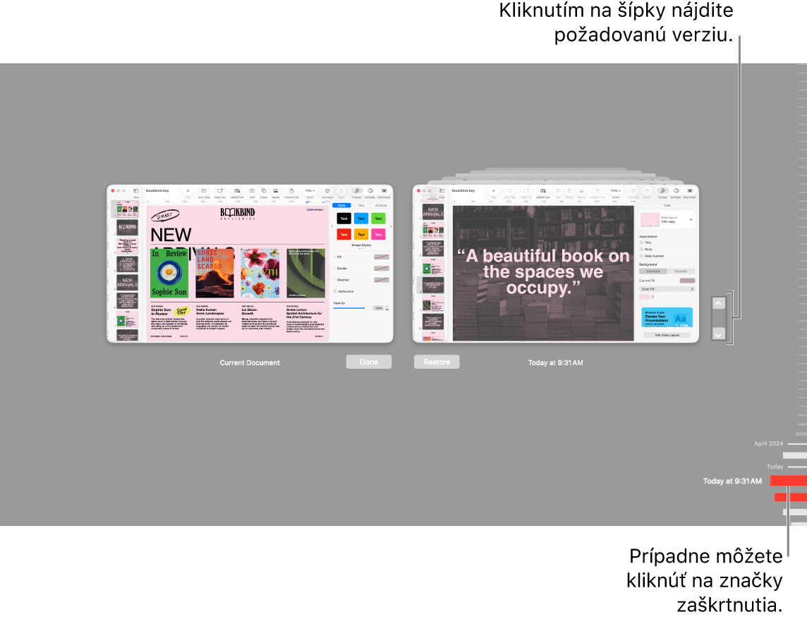 Zobrazenie vrátenia so zobrazením symbolov zaškrtnutia a šípkami.