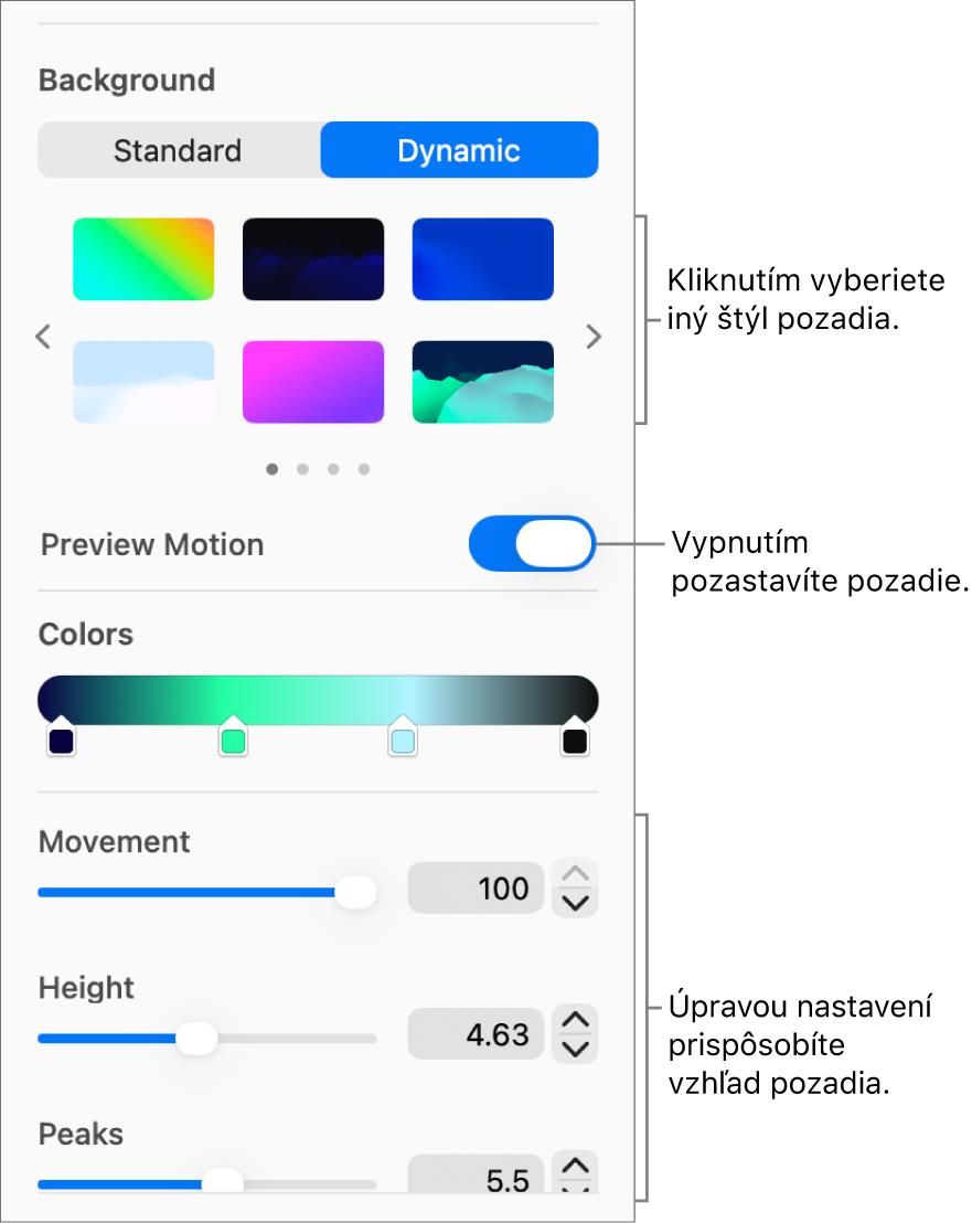 Tlačidlo Dynamické, ktoré je označené v sekcii Pozadie na postrannom paneli Formát so zobrazenými štýlmi dynamického pozadia, ovládacím prvkom Ukážka pohybu a ovládacími prvkami vzhľadu.