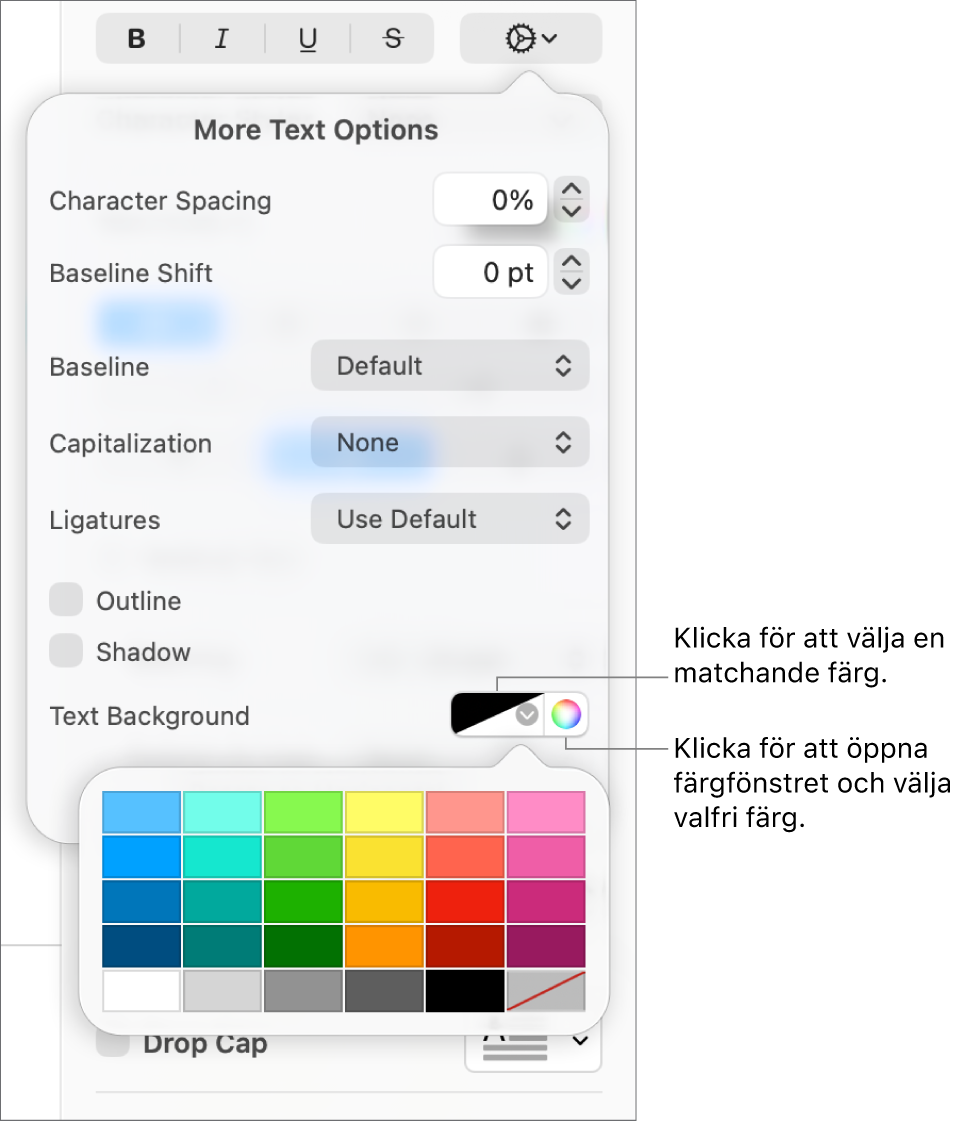 Reglage för att välja en bakgrundsfärg för text.