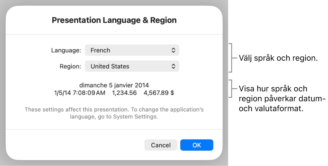 Panelen Språk och region med reglage för språk och region samt ett formatexempel med datum, tid, decimal och valuta.