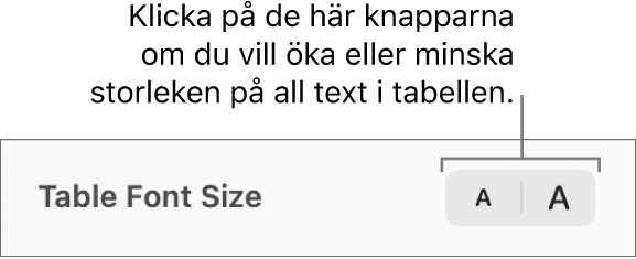 Reglage i sidofältet för att ändra tabelltypsnittsstorlek.