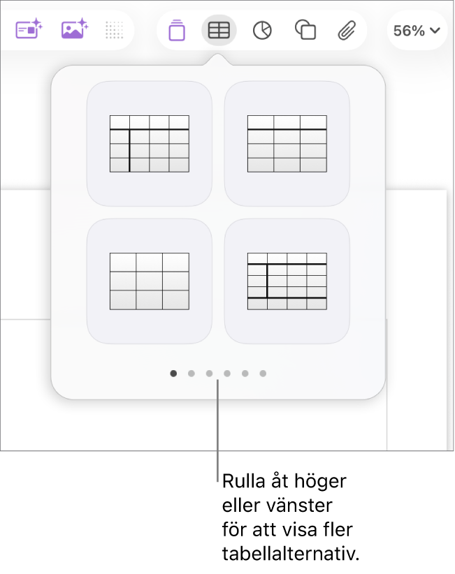 Panelen Lägg till tabell med navigationspilar till vänster och till höger.