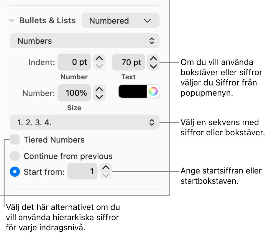 Reglage för att ändra numreringsstilen och avstånd i listor.